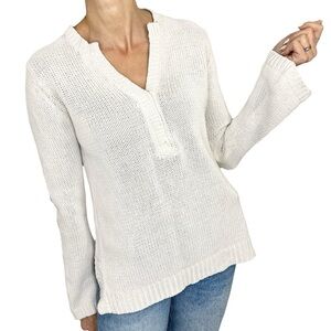 Vintage 90s 100% cotton beige henley snap front flare sleeve boxy sweater S